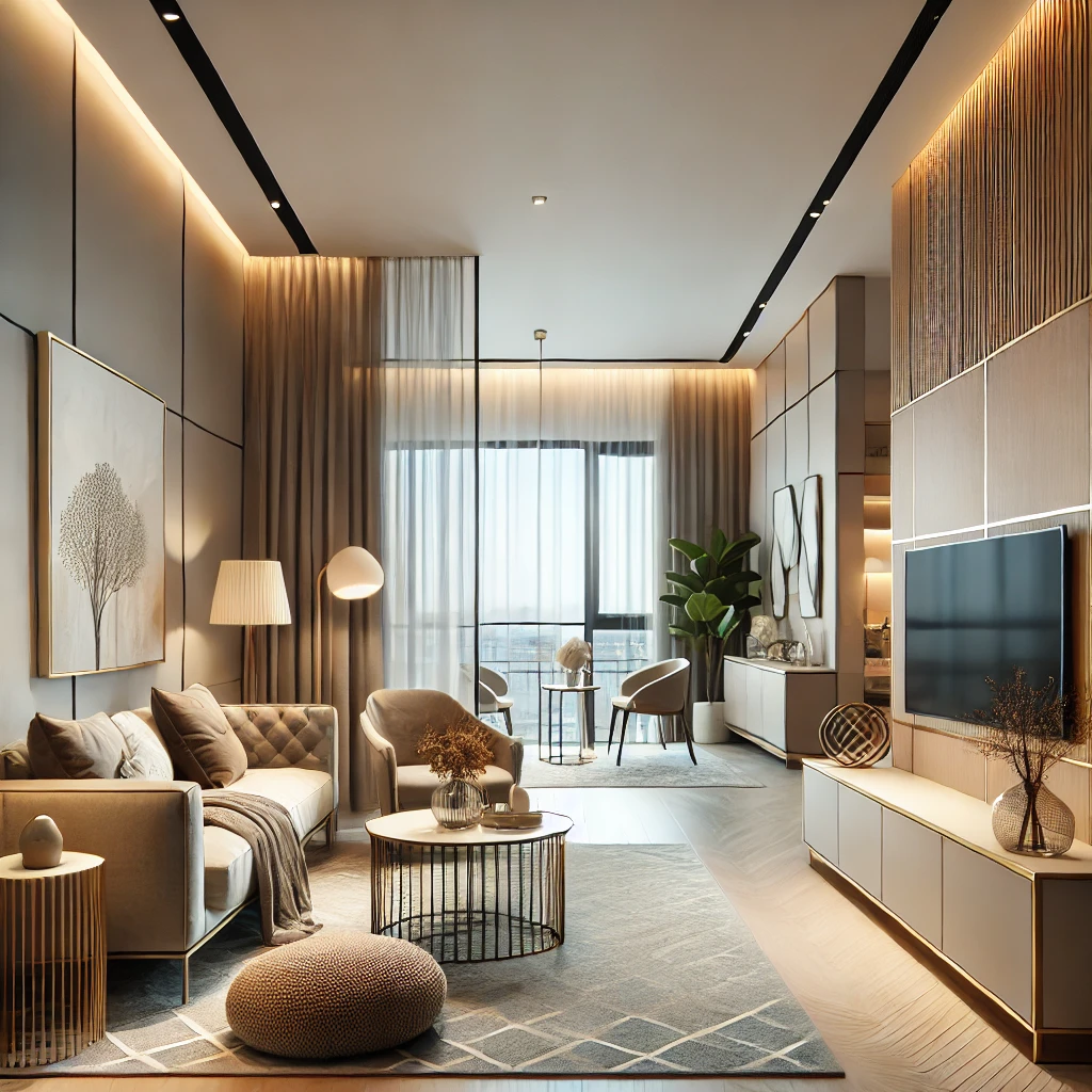 DALL·E 2025-03-15 22.42.26 - A modern apartment interior with stylish furniture and elegant decor. The room features a cozy living area with a sleek sofa, a coffee table, and a mi