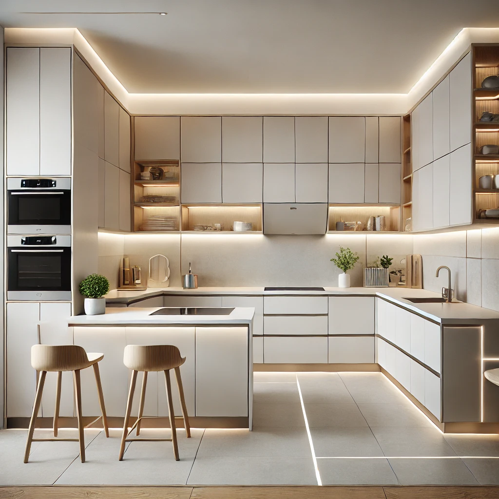 DALL·E 2025-03-15 22.55.26 - 3D-rendered modern minimalist kitchen design. The kitchen is 10 square meters, featuring an L-shaped or linear layout with optimized storage. Cabinets