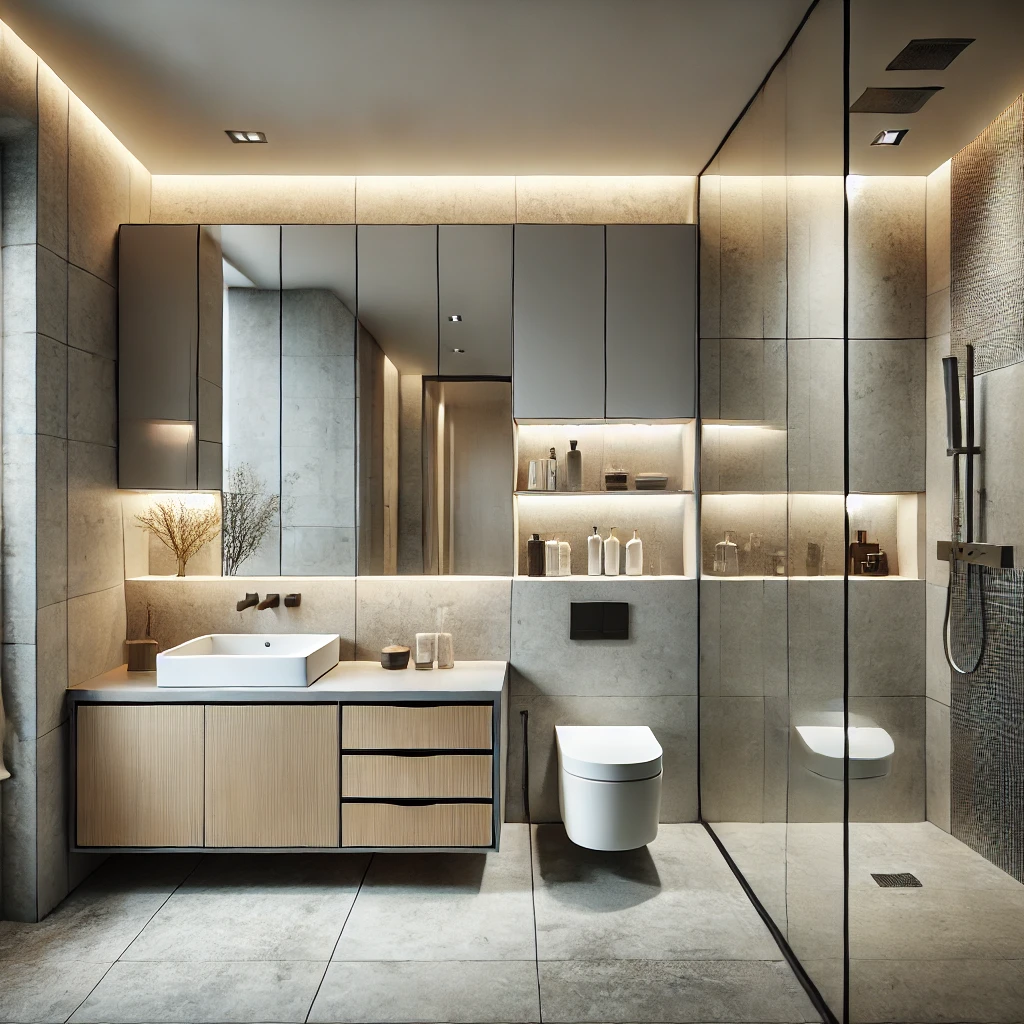 DALL·E 2025-03-15 22.55.32 - 3D-rendered modern minimalist bathroom design. The bathroom is 6 square meters, featuring a walk-in shower with a frameless glass partition. The walls