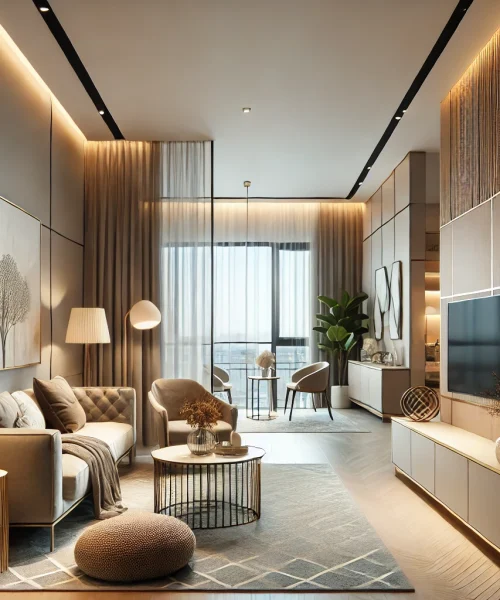 DALL·E 2025-03-15 22.42.26 - A modern apartment interior with stylish furniture and elegant decor. The room features a cozy living area with a sleek sofa, a coffee table, and a mi
