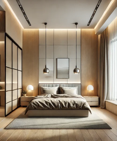 DALL·E 2025-03-15 22.54.41 - 3D-rendered bedroom design with a modern minimalist style. The room is 15 square meters, featuring a king-size bed with a wooden or upholstered headbo