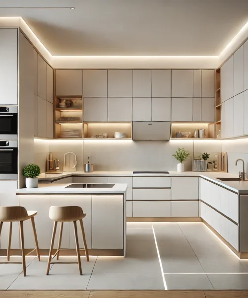 DALL·E 2025-03-15 22.55.26 - 3D-rendered modern minimalist kitchen design. The kitchen is 10 square meters, featuring an L-shaped or linear layout with optimized storage. Cabinets