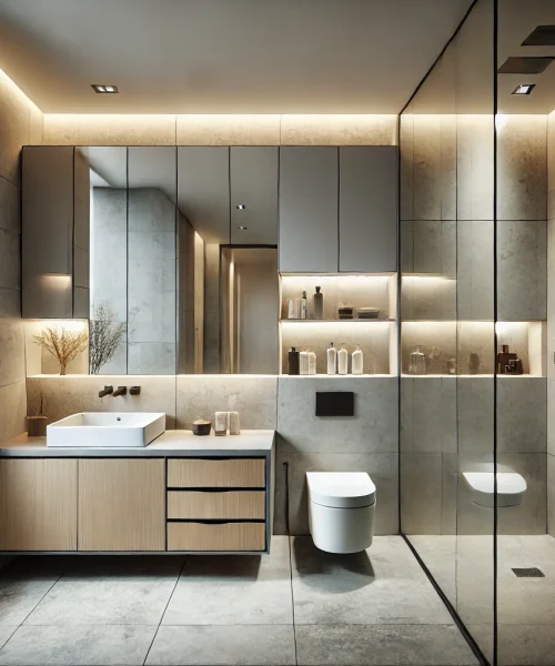 DALL·E 2025-03-15 22.55.32 - 3D-rendered modern minimalist bathroom design. The bathroom is 6 square meters, featuring a walk-in shower with a frameless glass partition. The walls